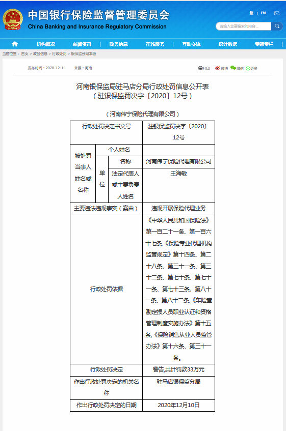 违规被罚！涉及河南伟宁保险代理有限公司、中国邮政储蓄银行驻马店市分行