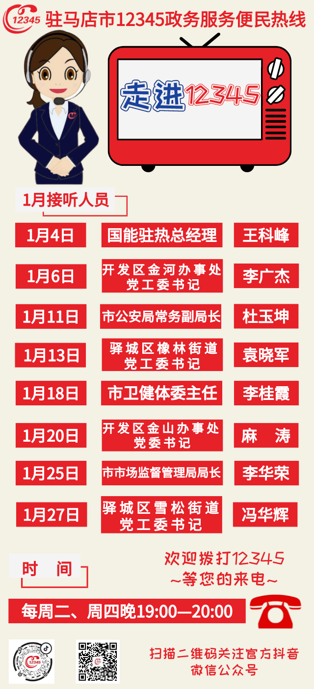 速看！一月份这些单位将接听12345政务服务热线