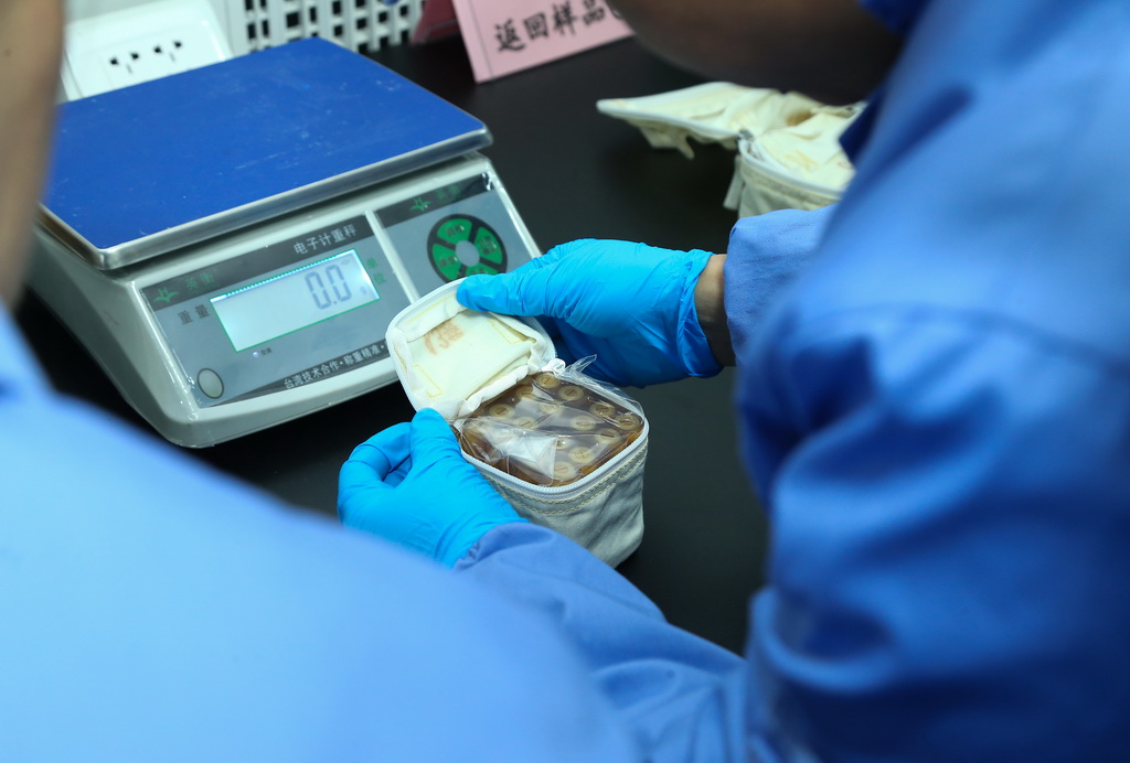 11月4日，在位于北京的中国科学院空间应用工程与技术中心，工作人员检查返回实验样品的状态。